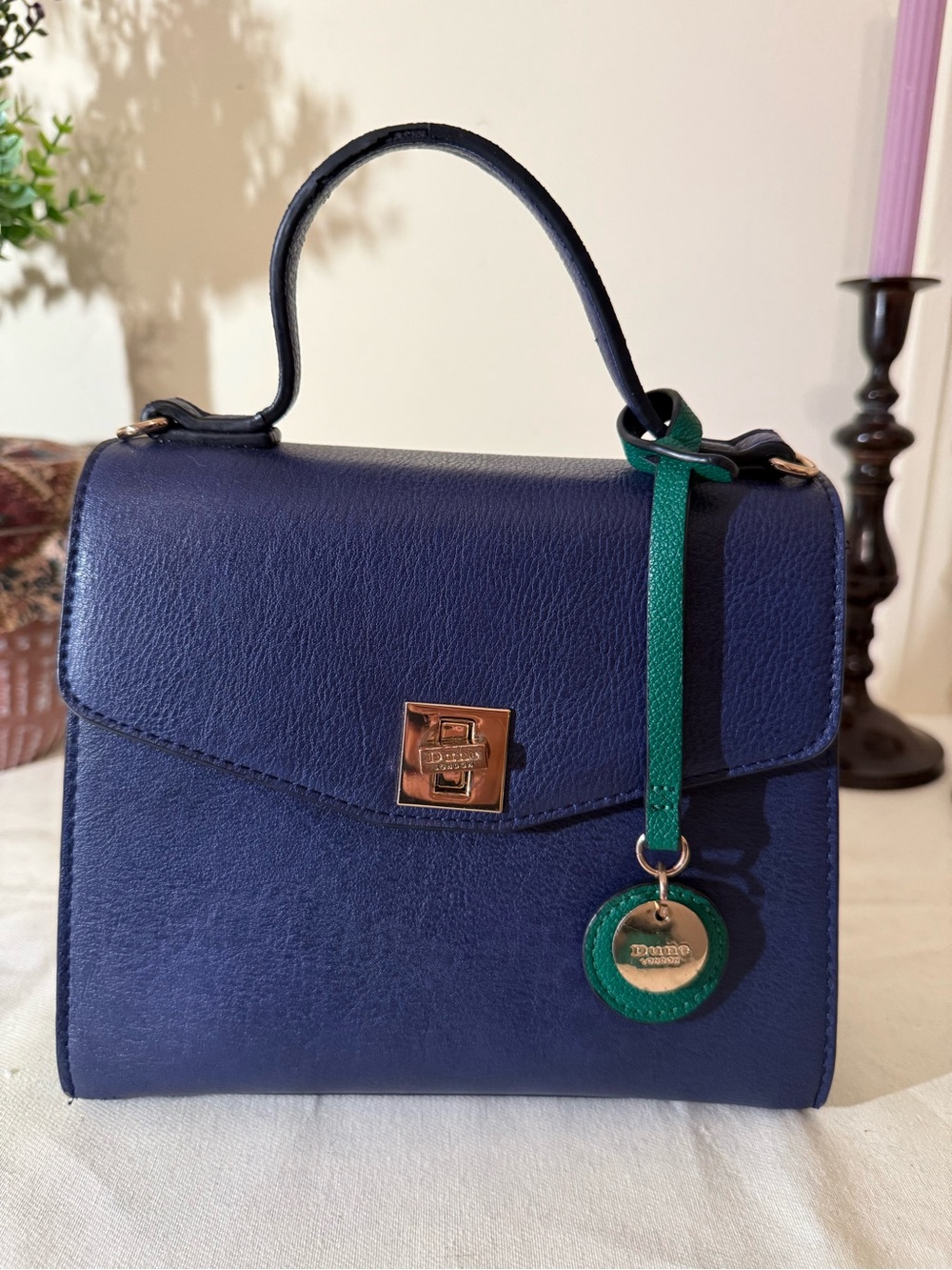 Dune London Navy & Emerald Green Structured Top Handle Crossbody Bag